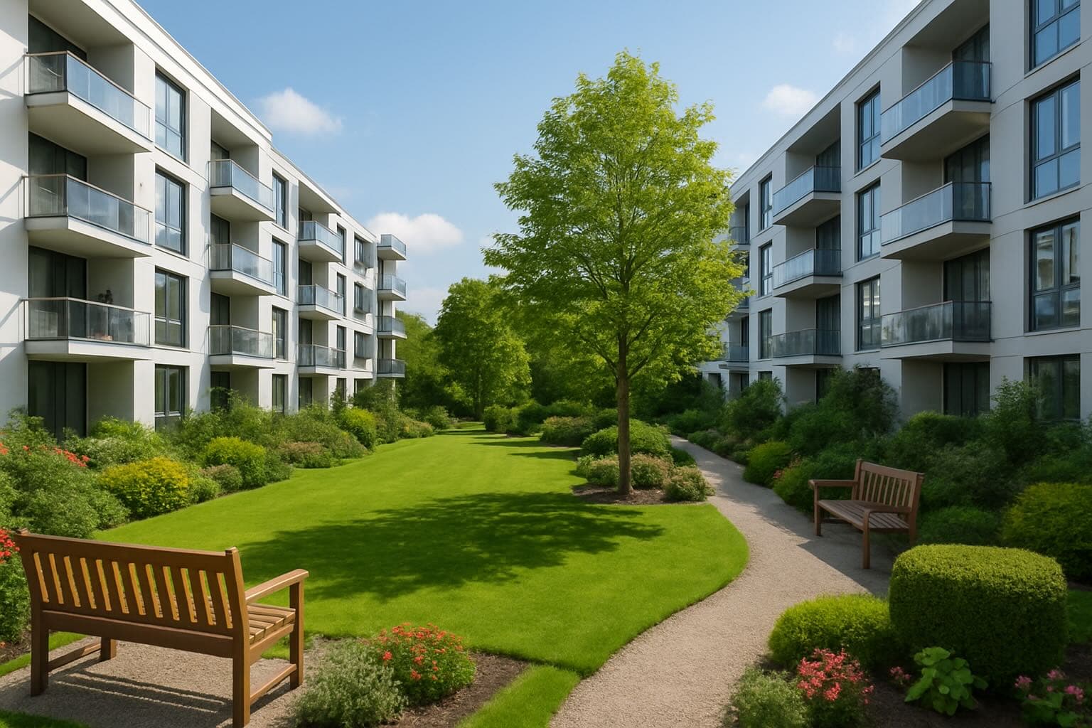 Vue d'une copropriété moderne avec jardin