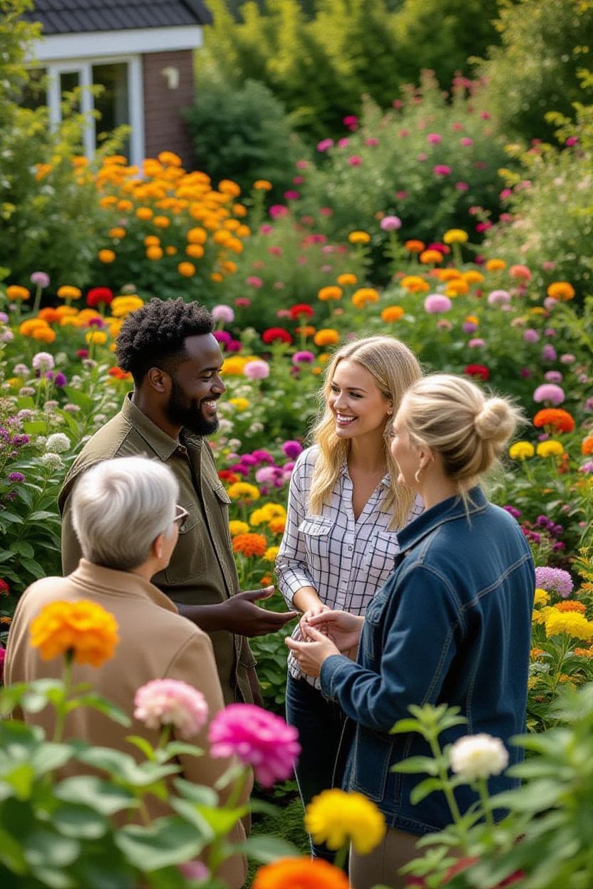 Voisins discutant dans un jardin commun